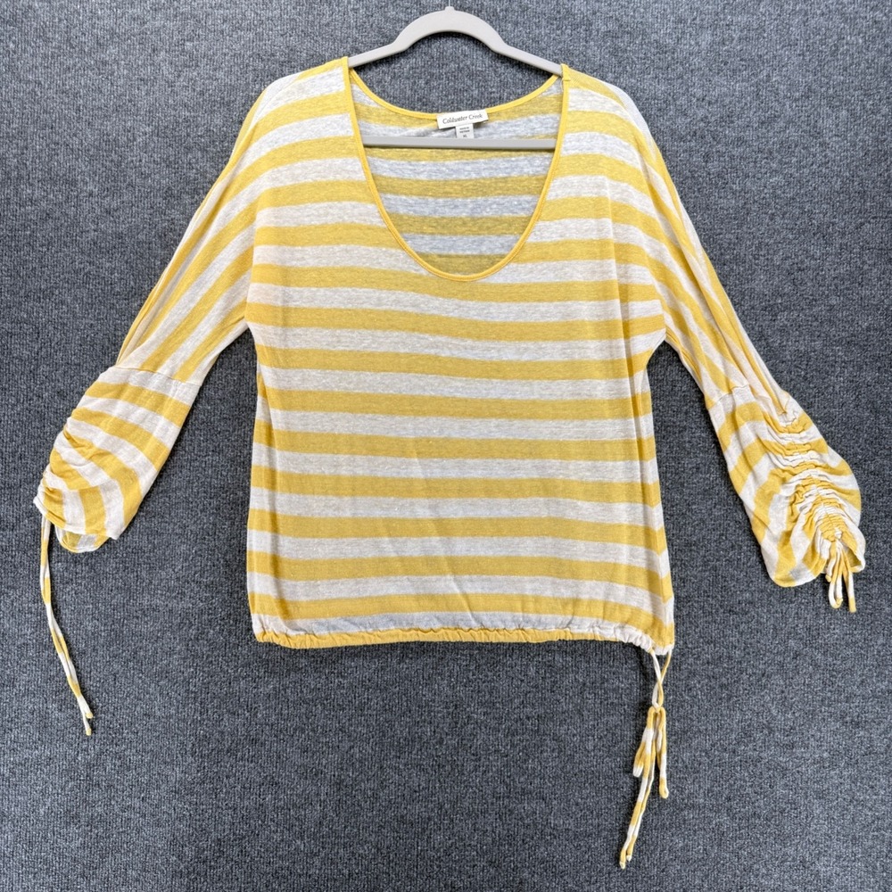 Coldwater Creek Top Womens XL 100% Linen Yellow Striped Casual Preppy Nautical